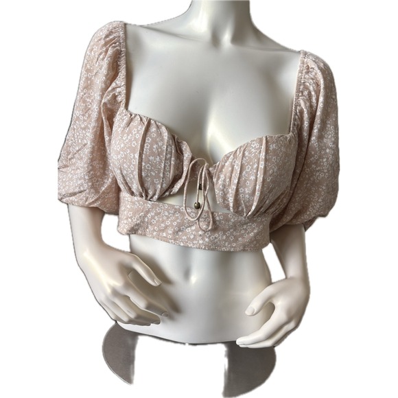 NWT Petal & Pup Floral Crop Top Puff Sleeve Tie Front Beige Women's Size‎ L - Picture 2 of 13